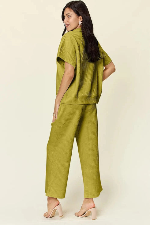 Double Take Full Size Texture Half Zip Short Sleeve Top and Pants Set - Fashorio