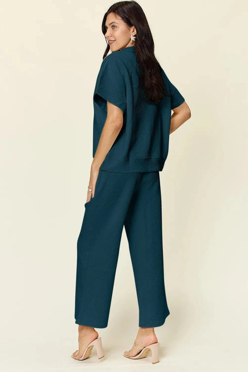 Double Take Full Size Texture Half Zip Short Sleeve Top and Pants Set - Fashorio
