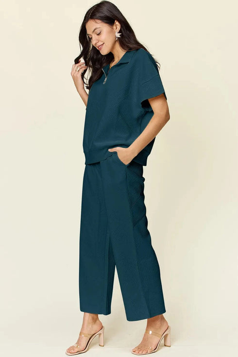 Double Take Full Size Texture Half Zip Short Sleeve Top and Pants Set - Fashorio