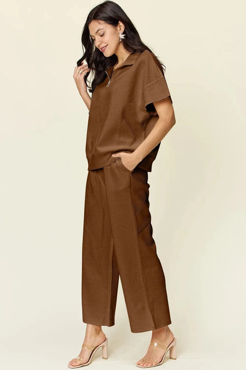 Double Take Full Size Texture Half Zip Short Sleeve Top and Pants Set - Fashorio