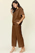 Double Take Full Size Texture Half Zip Short Sleeve Top and Pants Set - Fashorio