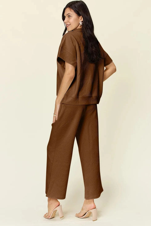 Double Take Full Size Texture Half Zip Short Sleeve Top and Pants Set - Fashorio