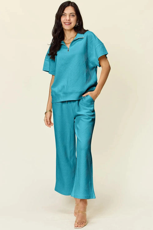Double Take Full Size Texture Half Zip Short Sleeve Top and Pants Set - Fashorio