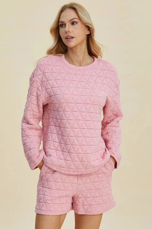 Double Take Full Size Texture Round Neck Long Sleeve Top and Shorts Set - Fashorio