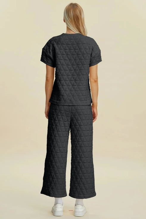 Double Take Full Size Texture Round Neck Short Sleeve Top and Pants Set - Fashorio