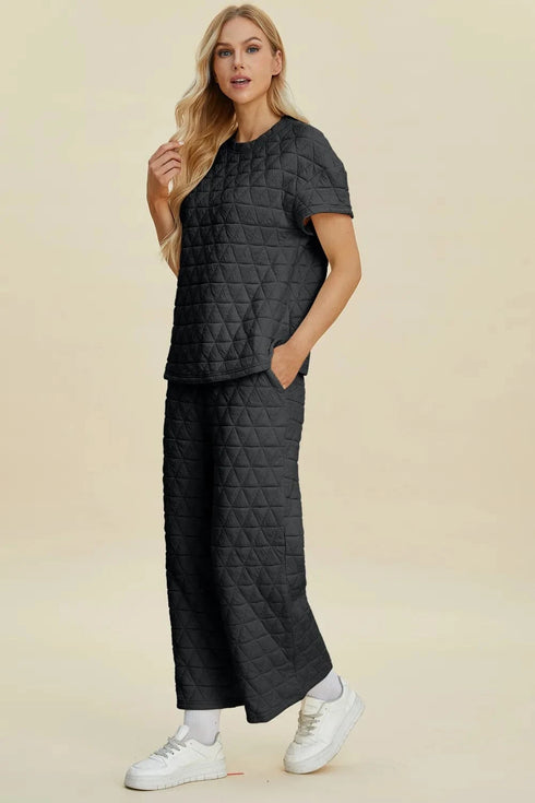 Double Take Full Size Texture Round Neck Short Sleeve Top and Pants Set - Fashorio