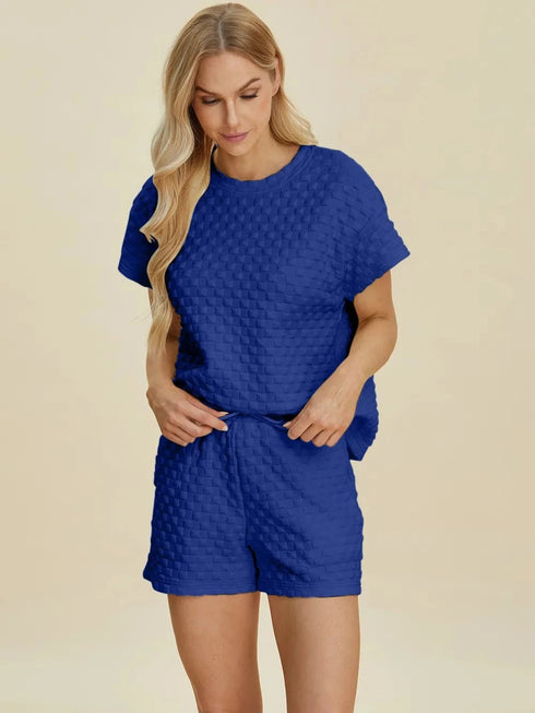 Double Take Full Size Texture T-Shirt and Shorts Set - Fashorio