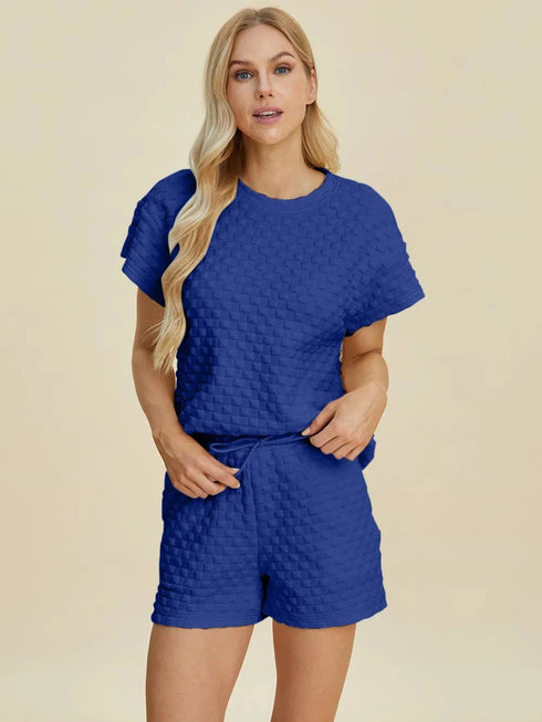 Double Take Full Size Texture T-Shirt and Shorts Set - Fashorio