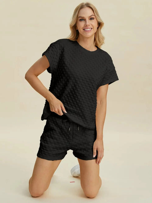 Double Take Full Size Texture T-Shirt and Shorts Set - Fashorio