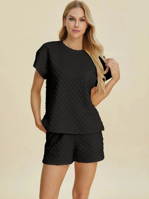 Double Take Full Size Texture T-Shirt and Shorts Set - Fashorio