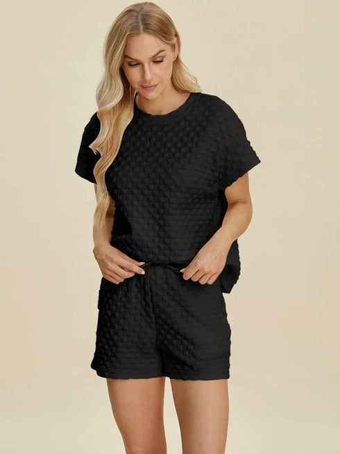 Double Take Full Size Texture T-Shirt and Shorts Set - Fashorio