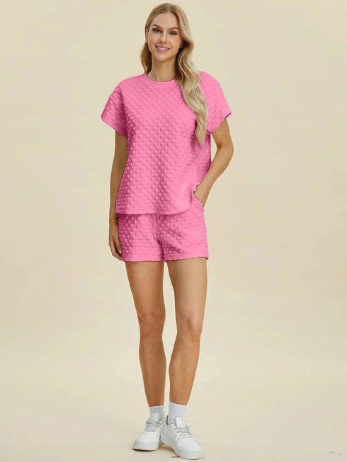 Double Take Full Size Texture T-Shirt and Shorts Set - Fashorio