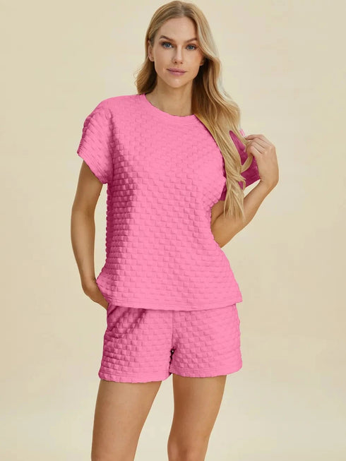 Double Take Full Size Texture T-Shirt and Shorts Set - Fashorio