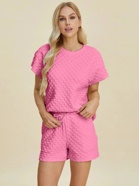 Double Take Full Size Texture T-Shirt and Shorts Set - Fashorio