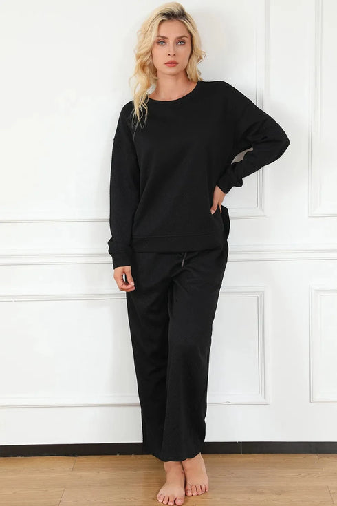 Double Take Full Size Textured Long Sleeve Top and Drawstring Pants Set - Fashorio