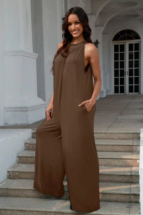 Double Take Full Size Tie Back Cutout Sleeveless Jumpsuit - Fashorio