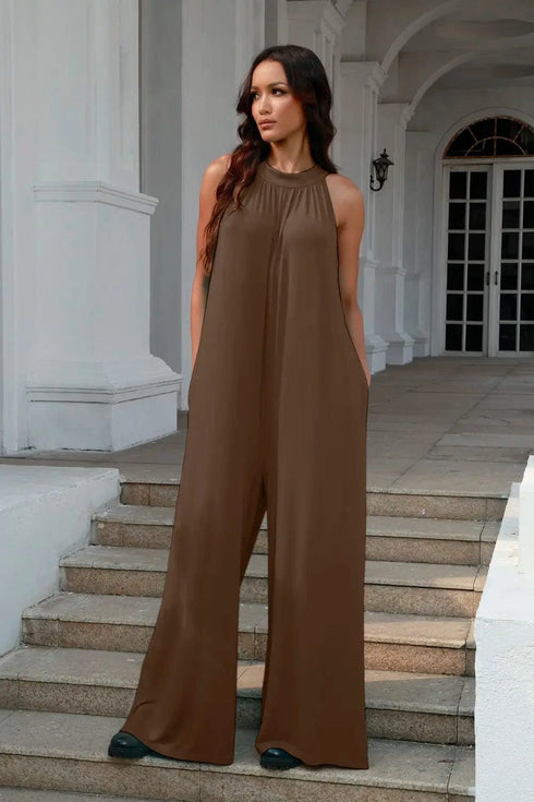 Double Take Full Size Tie Back Cutout Sleeveless Jumpsuit - Fashorio