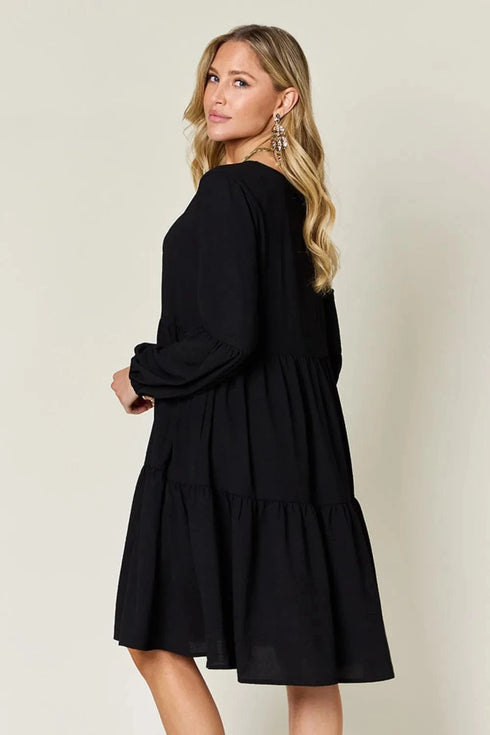 Double Take Full Size V-Neck Balloon Sleeve Tiered Dress with Pockets - Fashorio