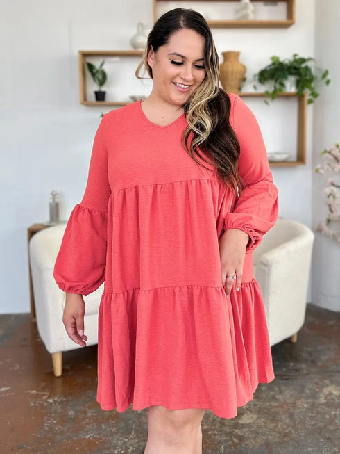 Double Take Full Size V-Neck Balloon Sleeve Tiered Dress with Pockets - Fashorio