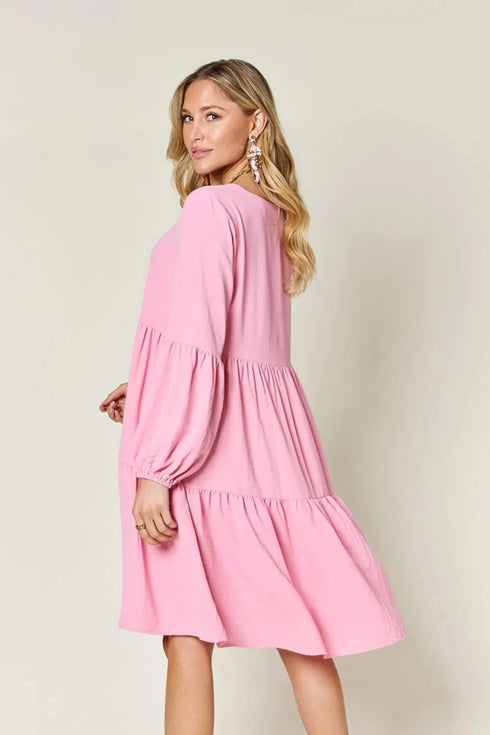 Double Take Full Size V-Neck Balloon Sleeve Tiered Dress with Pockets - Fashorio