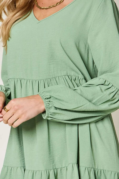 Double Take Full Size V-Neck Balloon Sleeve Tiered Dress with Pockets - Fashorio