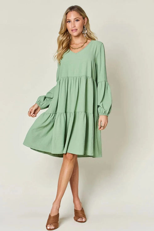 Double Take Full Size V-Neck Balloon Sleeve Tiered Dress with Pockets - Fashorio