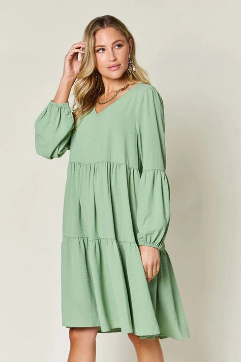 Double Take Full Size V-Neck Balloon Sleeve Tiered Dress with Pockets - Fashorio