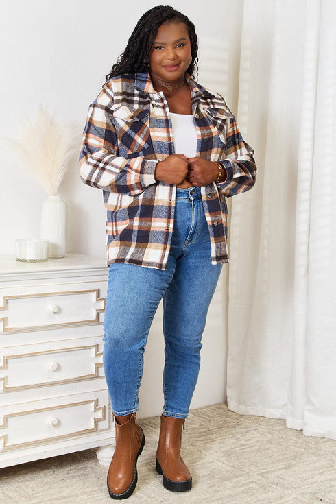Double Take Plaid Button Front Shirt Jacket with Breast Pockets - Fashorio
