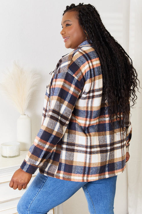 Double Take Plaid Button Front Shirt Jacket with Breast Pockets - Fashorio