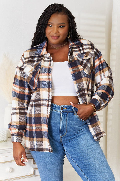 Double Take Plaid Button Front Shirt Jacket with Breast Pockets - Fashorio