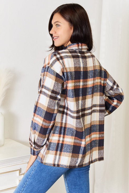 Double Take Plaid Button Front Shirt Jacket with Breast Pockets - Fashorio