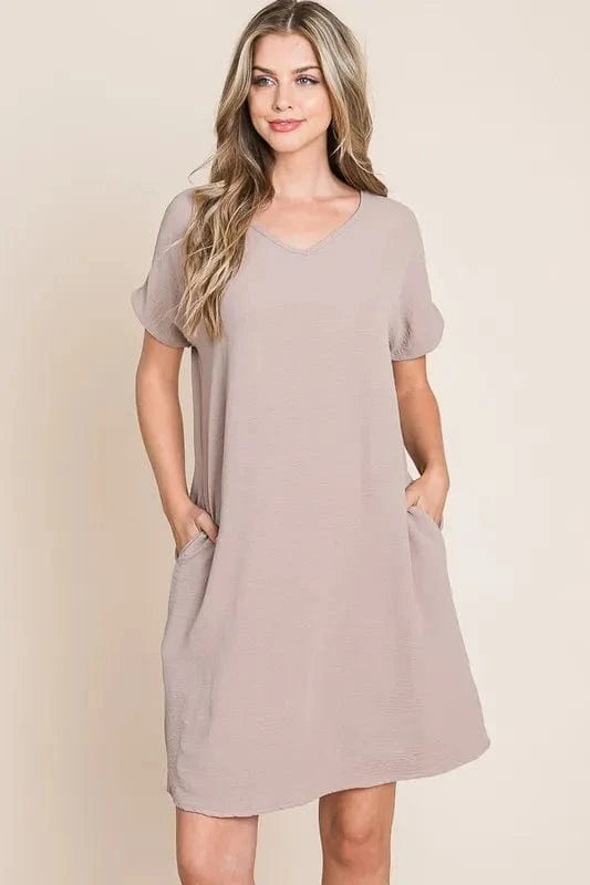 BOMBOM V-Neck Short Sleeve Dress with Pockets Dust Storm - Fashorio