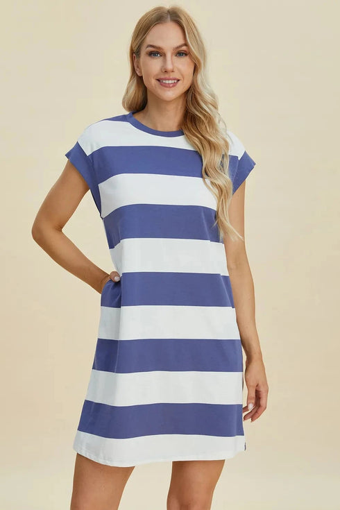 Basic Bae Full Size Striped Round Neck Cap Sleeve Mini Dress Dusty Blue - Fashorio
