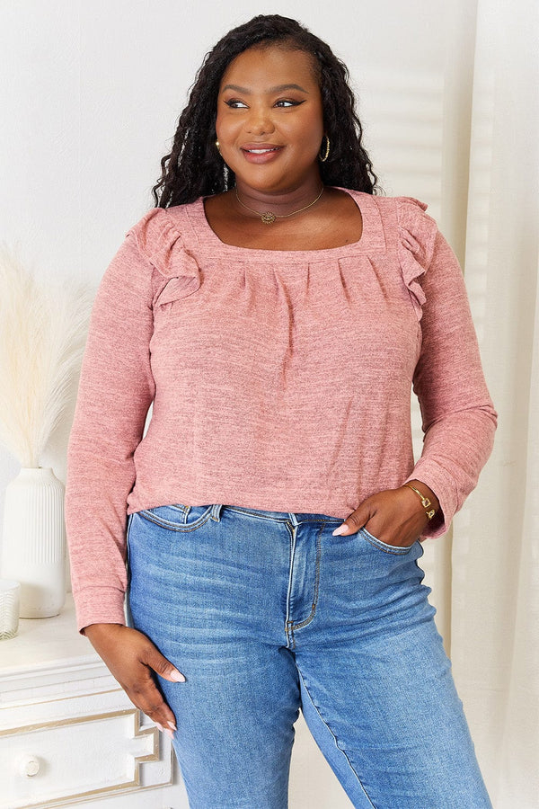 Double Take Square Neck Ruffle Shoulder Long Sleeve T-Shirt Dusty Pink - Fashorio