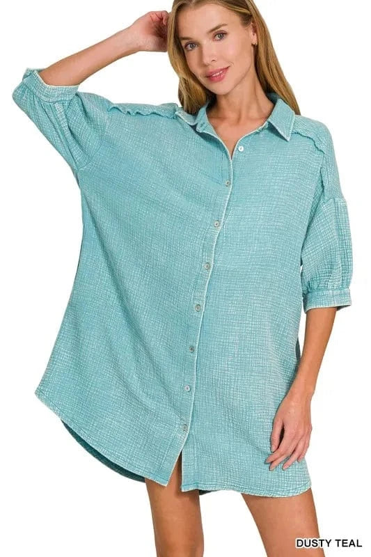 Zenana Washed Double Gauze Button Down Shirt Dress DUSTY TEAL - Fashorio