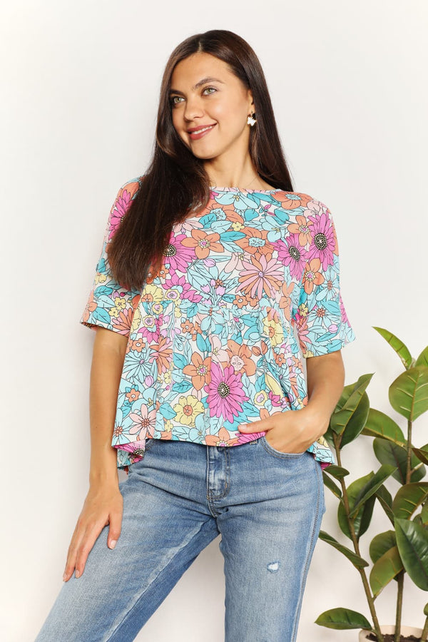 Double Take Floral Round Neck Babydoll Top Floral - Fashorio