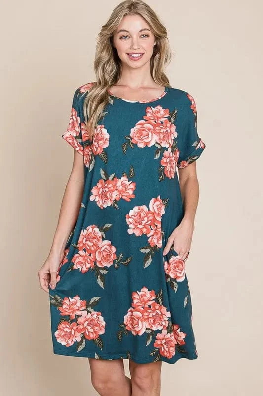 BOMBOM Floral Round Neck Short Tee Dress with Pockets French Blue - Fashorio