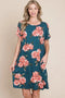 BOMBOM Floral Round Neck Short Tee Dress with Pockets French Blue - Fashorio