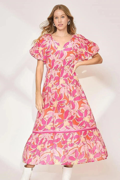 Umgee Floral Notched Puff Sleeve Midi Dress Fuchsia Pink - Fashorio
