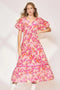 Umgee Floral Notched Puff Sleeve Midi Dress Fuchsia Pink - Fashorio