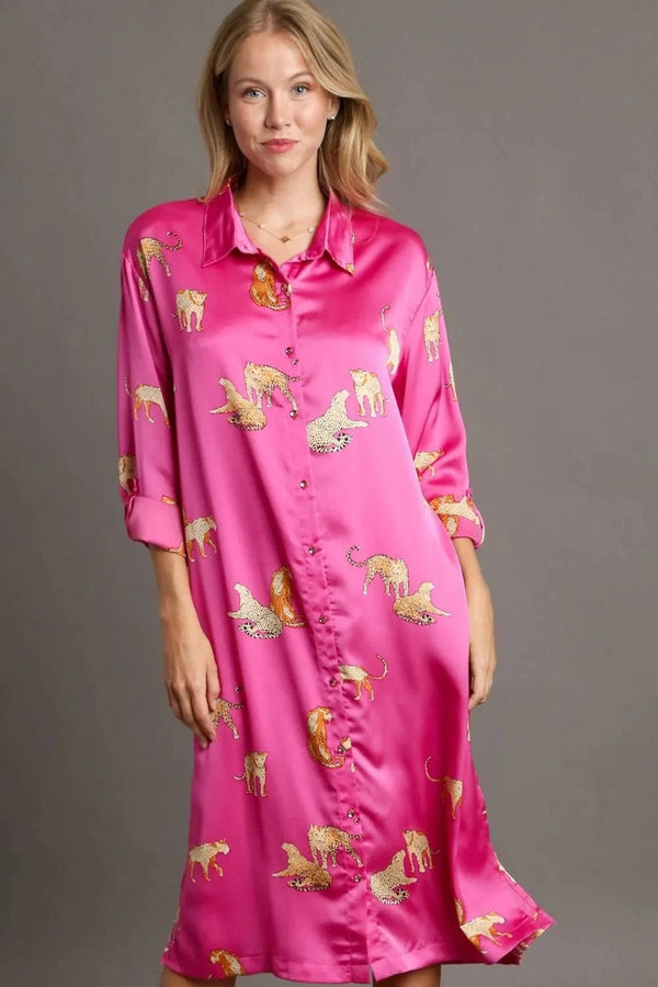 Umgee Full Size Animal Print Button Down Midi Shirt Dress Plus Size Fuchsia Pink - Fashorio