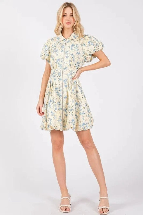 GeeGee Floral Eyelet Zipper Front Puff Sleeve Mini Dress - Fashorio