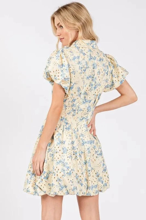 GeeGee Floral Eyelet Zipper Front Puff Sleeve Mini Dress - Fashorio