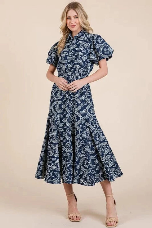 GeeGee Natural Leaf Pattern Eyelet Lace Puff Sleeve Dress - Fashorio