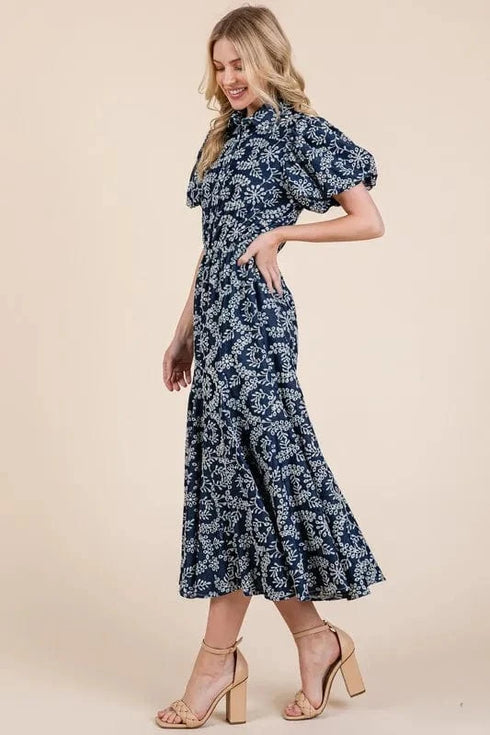 GeeGee Natural Leaf Pattern Eyelet Lace Puff Sleeve Dress - Fashorio