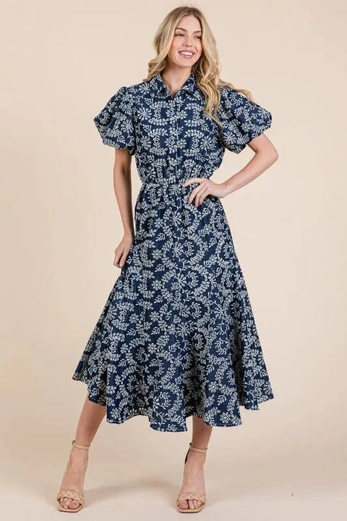 GeeGee Natural Leaf Pattern Eyelet Lace Puff Sleeve Dress - Fashorio