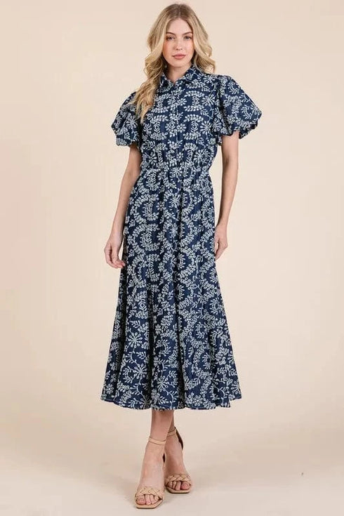GeeGee Natural Leaf Pattern Eyelet Lace Puff Sleeve Dress - Fashorio