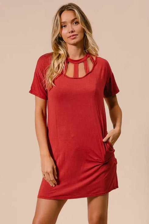 BiBi Front Cutout Mini Tee Dress with Pockets GINGER - Fashorio
