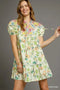 Umgee Floral Print Tie Neck Puff Sleeve Dress GREEN MIX - Fashorio