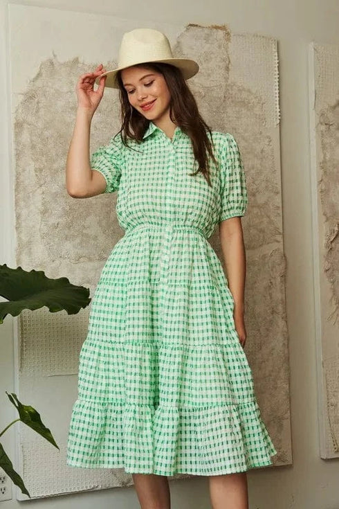 Davi & Dani Checkered Puff Sleeve Tiered Shirt Dress Green - Fashorio